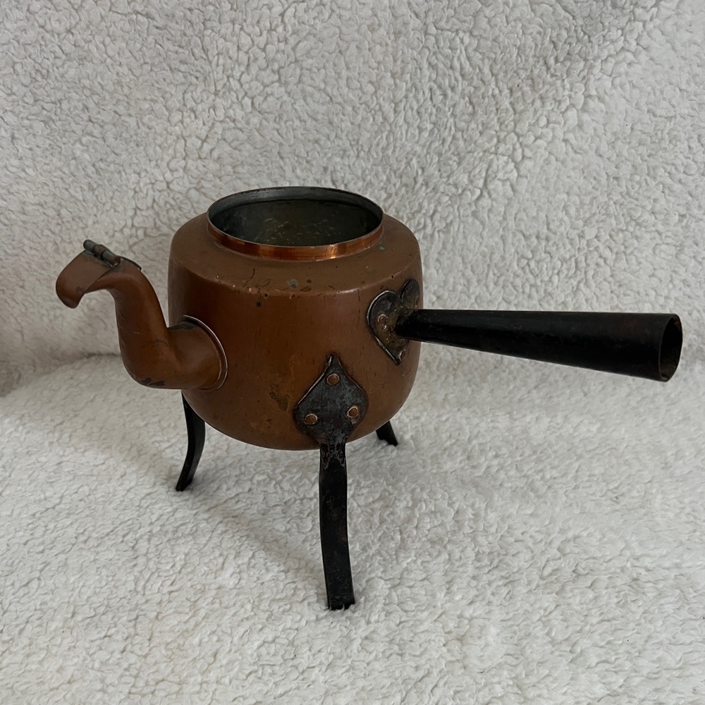 Antique Vintage Hand Forged Copper & Hammered Iron 3 Footed Teapot Coffee Kettle